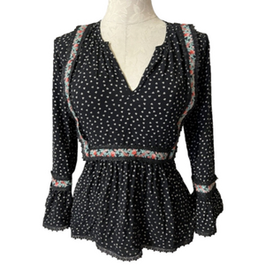 Anthropologie Love Sam Black Cream Pink Blue Embroidered Trim Medium